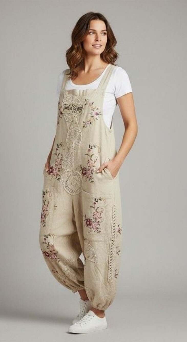 Jaded Gypsy Trellis Views Boho Embroidered Cream Overalls W/ Crochet Applique